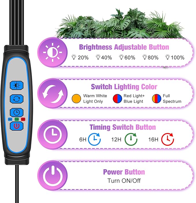 Wolezek Grow Lights for Indoor Plants, 80 LEDs 4 Heads Full Spectrum Red & Blue Plant Light with Clip, Grow Lamp with 6/12/16H Auto Timer, 3 Switch Modes for Seedlings and Succulents