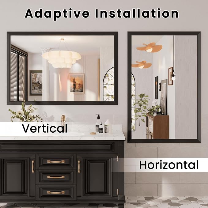 Amorho Bathroom Mirror Black, 50x36 Inch Thick Metal Framed Wall Mirrors - Image 7