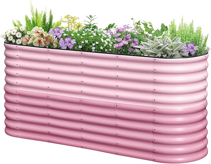 KING BIRD Raised Garden Bed 2.85 ft Tall 9 in 1 Galvanized Planter Garden Box Outdoor for Gardening, Deep Root Vegetables, Flowers 78.7X23.6X34.2 in, Pink
