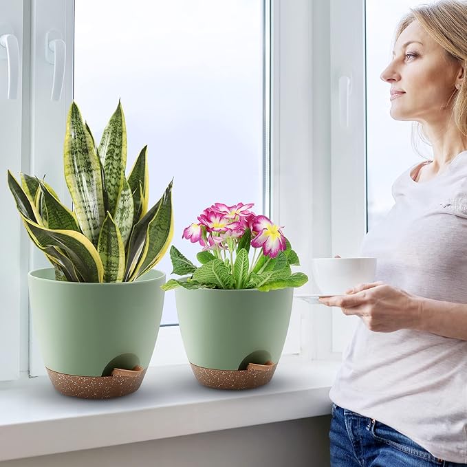 Plant Pots 10/9/8/7.5/7 Inch Self Watering Pots, Set of 5 Plastic Planters with Drainage Holes and Saucers,Plastic Flower Pots,Nursery Planting Pot for Indoor Out Door Plants（Green）