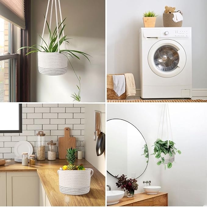 Flexzion Hanging Plant Basket Boho Cotton Rope Basket Indoor Hanging Planter, Up to 7" Flower Pot, Macrame Woven Modern Plant Holder, Storage Bin Organizer, Home Decor with 20" Hanging Rope, White