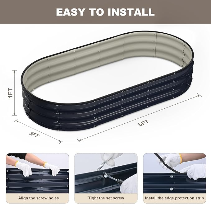 Raised Garden Bed, 6x3x1ft Galvanized Outdoor Planter Beds with Safety Edging and Gloves, Oval Metal Planter Box for Gardening Vegetables Flowers Herb
