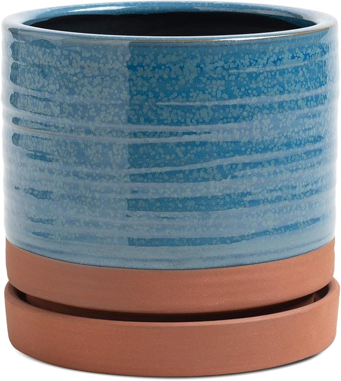 6 Inch Plant Pots, Ceramic Planter Pot with Drainage Hole & Saucer, Indoor/Outdoor Cylinder Round Planter Pot, Aqua Blue & Terracotta Red
