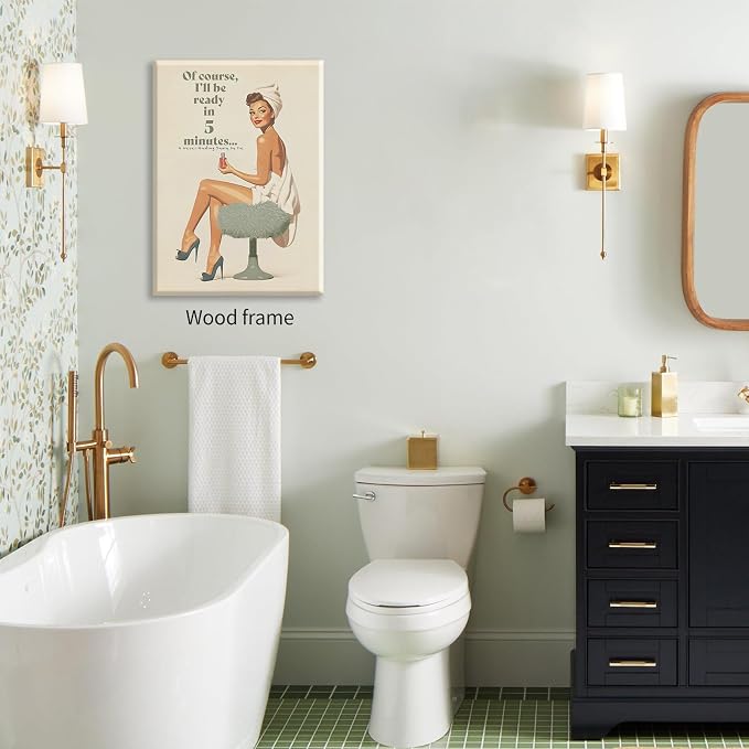 Boho Sage Green Bathroom Poster Vintage 70s Pin Up Girl Wall Art 16X24 inch - Image 3