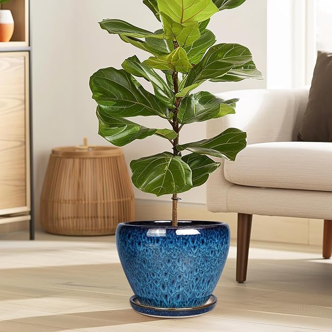 8 Inch Ceramic Plant Pot, Ceramic Planter Pot for Indoor Outdoor Plants, Round Flower Pot with Drainage Hole and Saucer, Blue
