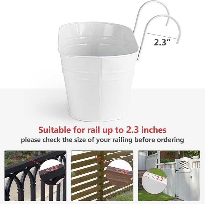 Dahey 3 Pcs Metal Iron Hanging Flower Pots for Railing Fence 15.7 Inch Hanging Bucket Pots Countryside Style Window Flower Plant Holder with Detachable Hooks for Garden Yard Home Decor, White