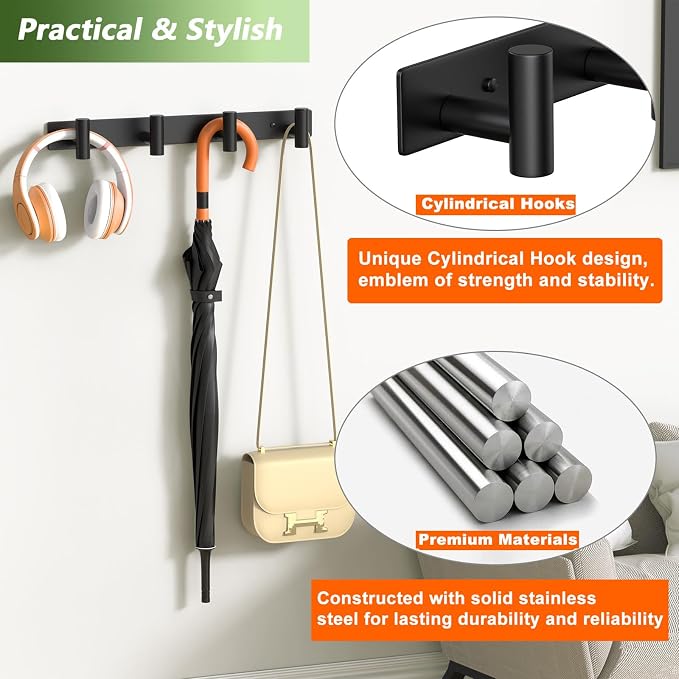 Coat Rack Wall Mounted-4 Hooks, Heavy Duty Stainless Steel Wall Hooks - Image 4
