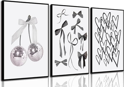BOKPEN 3pcs Black and White Trendy Preppy Wall Art Bows Disco Ball Many Heart by bokpen