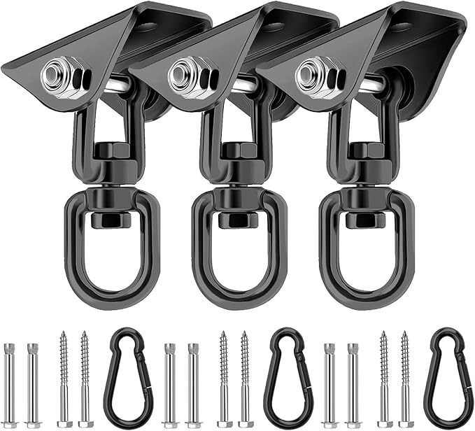 Heavy Duty Hammock Hanging Kit, 360° Rotating 1200 lb Swing Hangers for Hammock Chair Stand, Seat, Porch Swing, Yoga, Tree, Ceiling Mount, Indoor Outdoor Hanging Hardware Black | Pack of 3