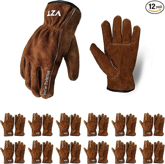 12 Pairs Bulk Leather Work Gloves for Men or Women for Gardening, Construction, Truck, Driving, Farm, Ranch, Woodworker, Soft, Cowhide Thickened, Water Resistant, Brown, XLarge