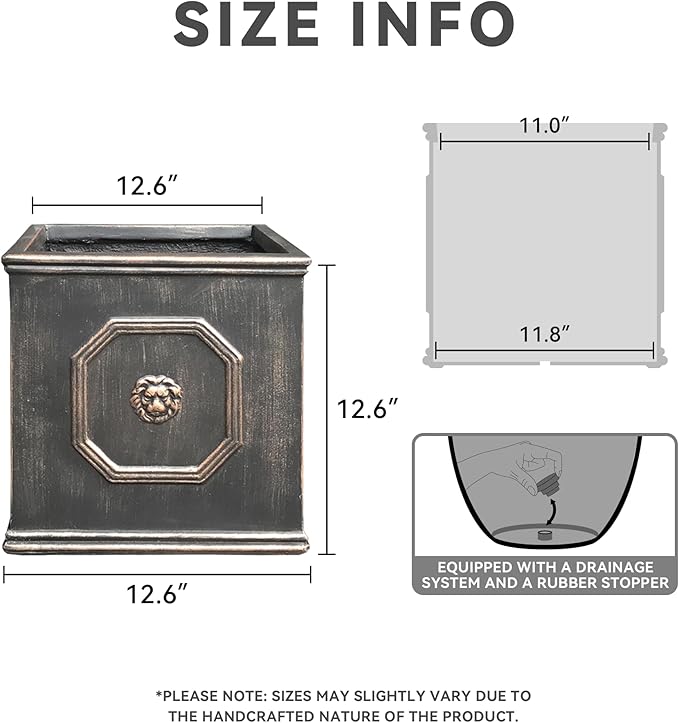 Kante Square Lion Head Concrete Planter, Classic English Style Plant Pot with Drainage Hole and Rubber Plug for Indoor Outdoor Garden Patio Home, 12.6"x12.6"x12.6" Oil Rubbed Bronze