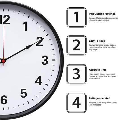LEIKE Metal Wall Clock 12IN Black, Retro Silent Quartz Battery Operated - Image 2