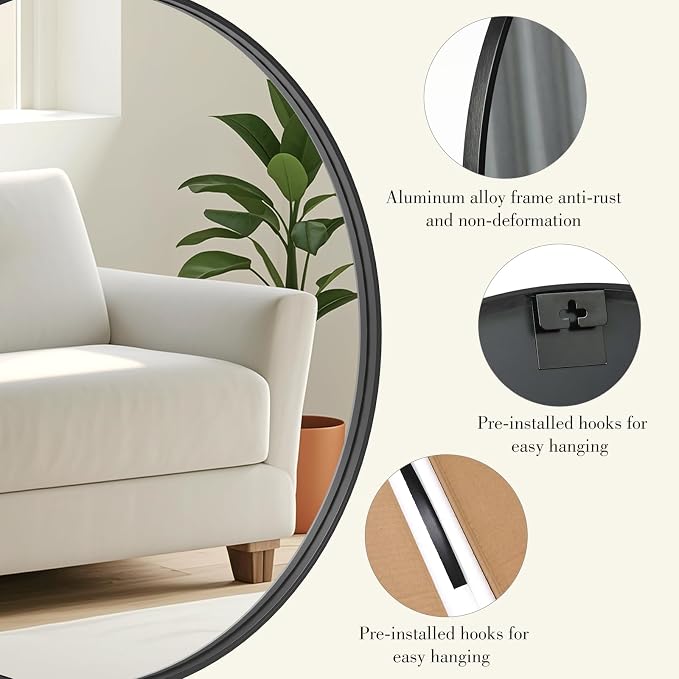 DUMOS Black Circle Mirror for Wall 24.02 inch, Bathroom Round Mirror for Over - Image 2