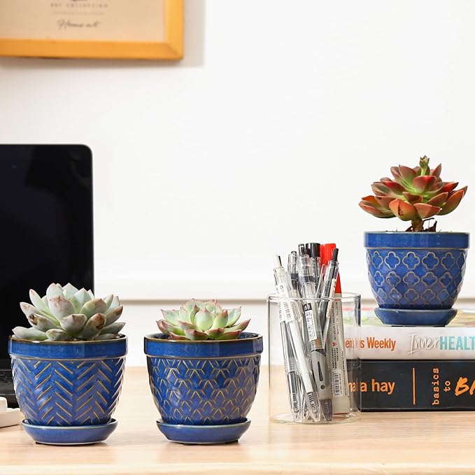 Sureasy Succulent Pots, 3.5 Inch Flower Pots for Indoor Plants, Small Plant Pots with Saucer & Drainage, Decorative Ceramic Planters for Succulent, Cactus, Set of 4, Blue