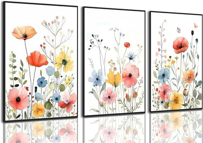 KISSFOX Framed Colorful Wildflower Canvas Wall Art Set Of 3 Flowers Pictures by KISSFOX