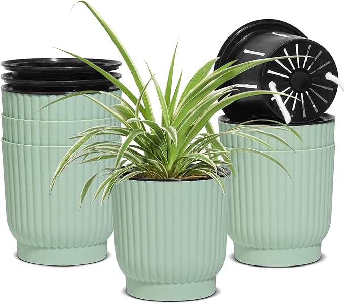 T4U 4.5 Inch Self Watering Pots for Indoor Plants, 6 Pack Green Plastic Flower Pots for All House Plants, Flowers, African Violets