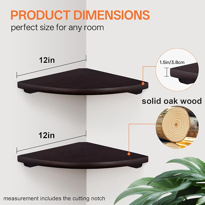 Gieanoo Floating Corner Shelves Set 2 16inch Walnut Solid Oak Rounded Corner - Image 7