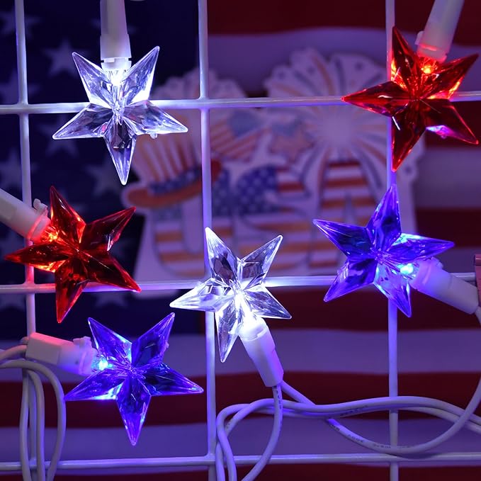 100 LED Red White and Blue Star Lights, 37FT 4th of July Star String Lights Plug in for Home Patio Garden Yard Memorial Day Independence Day Patriotic Decorations Outdoor, White Wire