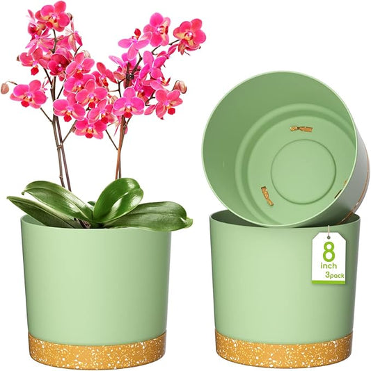 ZMTECH Plant Pots, Set of 3 8'' Self Watering Plastic Planter with Drainage Hole and Saucer, Modern Decorative Flower Pot for Indoor Outdoor House Plants, Succulents, Flowers - Green