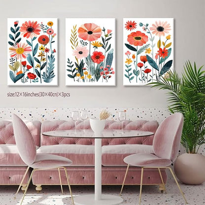 KISSFOX Framed Colorful Wildflower Canvas Wall Art Set Of 3 Flowers Pictures - Image 2