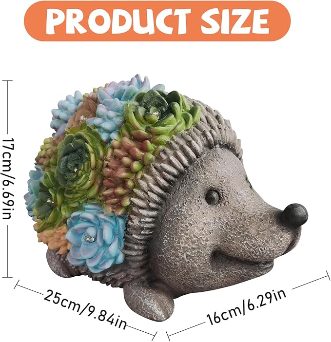 Outdoor Solar Garden Hedgehog Statue Decorative Lawn Statue with Succulents and 7 LED Lights for Garden, Outdoor Patio and Terrace, Birthday Gift for Women, Unique