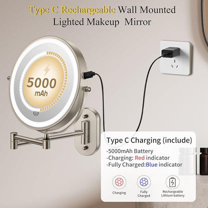FUNTOUCH 3X/20X Wall Mounted Lighted Makeup Mirror, 5000mAh Rechargeable Double - Image 3