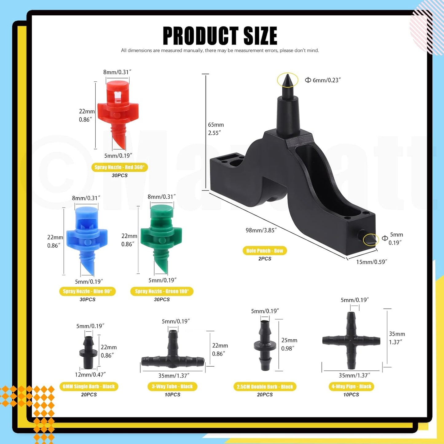 152Pcs Drip Irrigation Barbed Connectors Fittings Kit for 1/4" Tubing Includes 90/180/360 Angle Atomizing Sprinkler Sprayer and Barbed Connector for Agriculture Hydroponic Garden Lawn