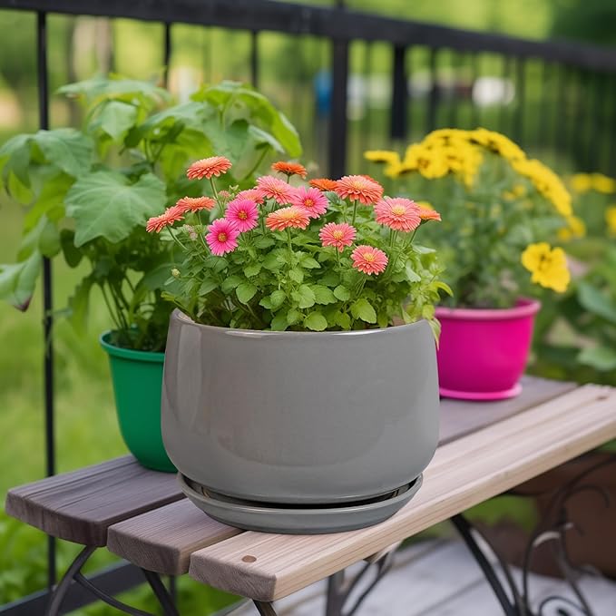G EPGardening Ceramic Plant Pots - 9 Inch Modern Round Planter with Drainage and Plant Saucer for Indoor Outdoor Flower, Apartment Decor, Birthday Gifts, Grey