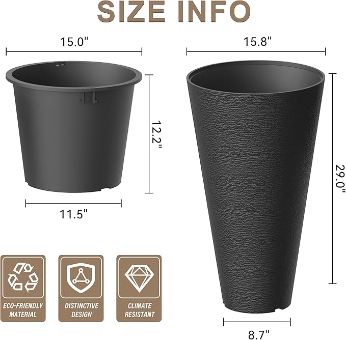 Kante Tall Round Planter Set of 2, 29" H Large Decorative Planter Pots for Outdoor Indoor Garden Patio Front Porch (Black)