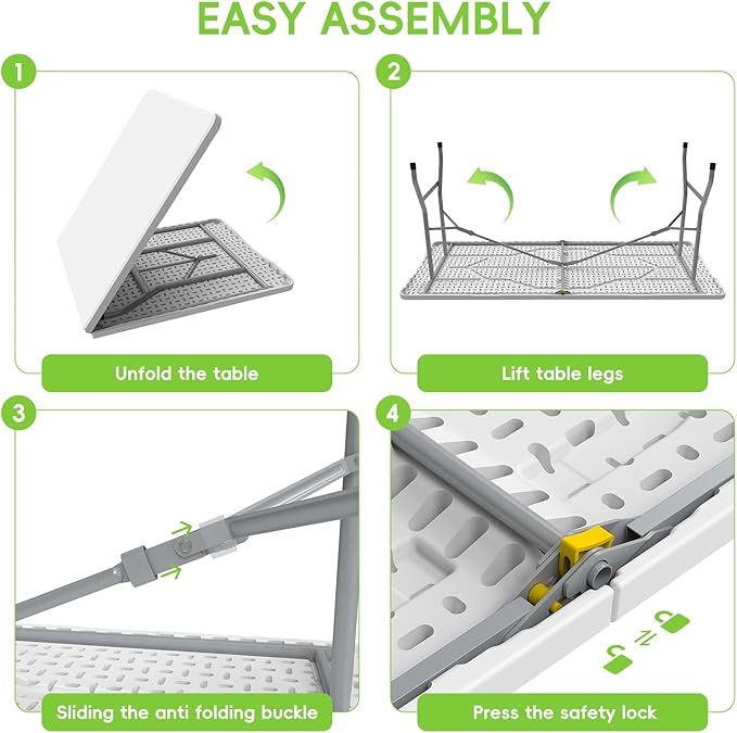 HLPB Folding Table Picnic Table Set, 6 ft Camping Table with 2 Benches, Outdoor Indoor Portable Folding Furniture for Working Meeting Party, Camping, Picnic, Weddings w/Handle and Safety Locks, White