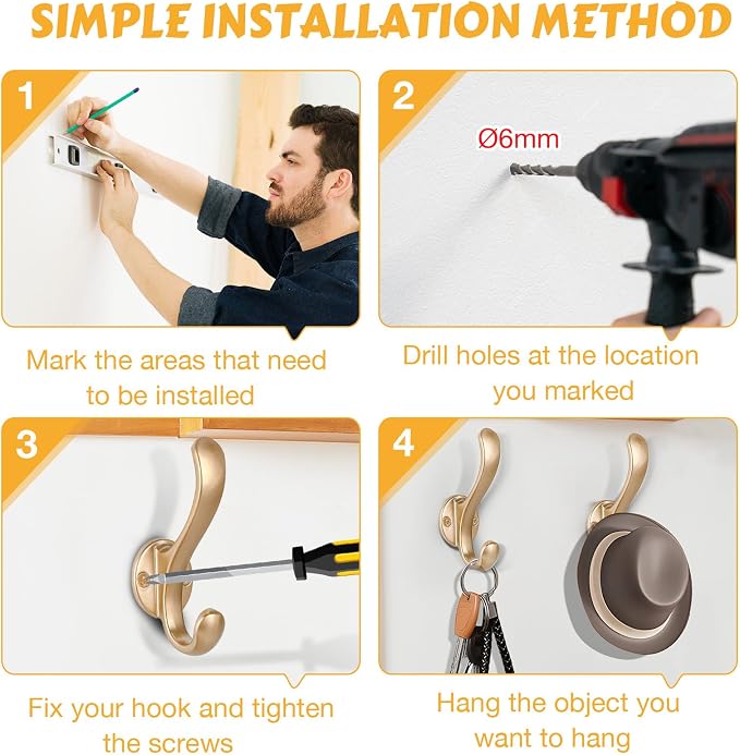 6 Pack Coat Hooks Wall Mount Heavy Duty Utility Retro Double Hooks - Image 9