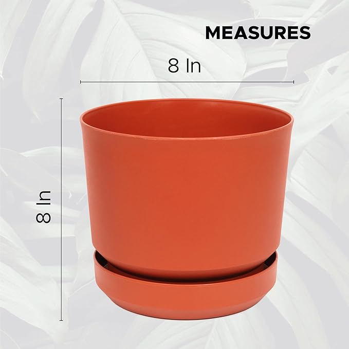 Elly Décor 8 inch Plastic Cylinder Planter Pot with Self-Watering Saucer and Drainage Hole,Lightweight & Extremely Durable, 8"x 8", Terracotta