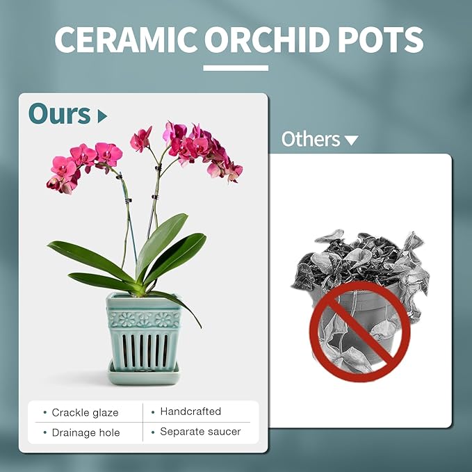 Orchid Pots with Holes | 5" Ceramic Orchid Planter with Separate Saucer and Drainage Holes | Crackle Glazed Pottery Small Flower Pot for Repotting Orchids（Blue）