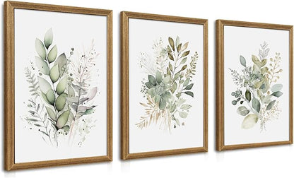 WRFON Framed Sage Green Botanical Wall Art Set of 3, Watercolor Eucalyptus & by Unknown