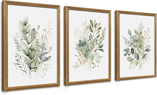 WRFON Framed Sage Green Botanical Wall Art Set of 3, Watercolor Eucalyptus & by Unknown
