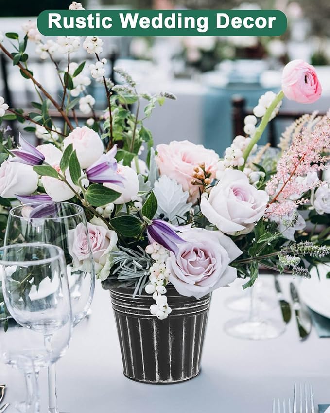 vensovo 5 Inches Black Metal Rustic Flower Pots - 6 Pcs Small Galvanized Planters with Drainage Hole and Rubber Plug, Rustproof Tin Bucket Plant Pot Farmhouse Vintage Style for Decor