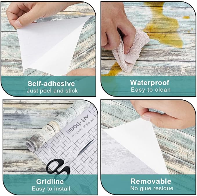 Arthome Blue Rustic Wood Paper 17''x240'' Self-Adhesive Removable Peel and - Image 6