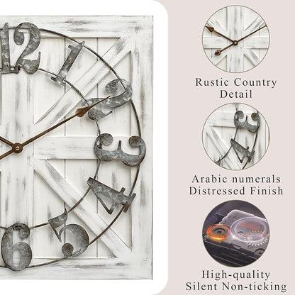 EMAX HOME Large Farmhouse Wall Clock – 24 Inch White Square Rustic Wooden Clock - Image 4