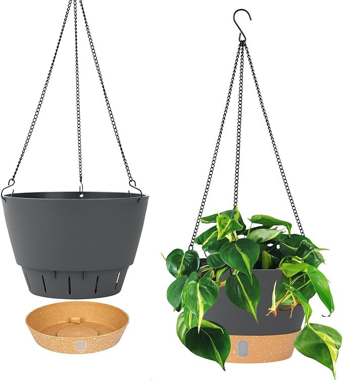 QCQHDU 2 Pack Hanging Planters for Indoor Outdoor Plants, 10 Inch Hanging Baskets Flower Pots with Reservoir Tray & Visible Water-Level