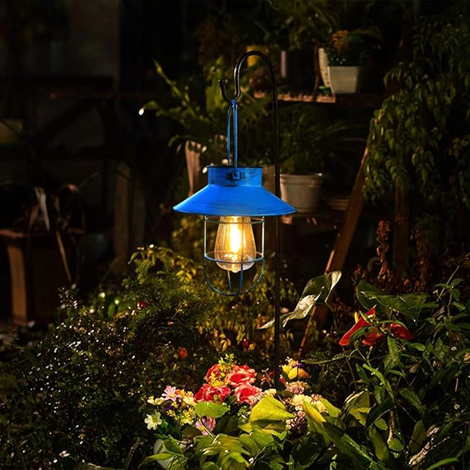 2 Pack Hanging Solar Lantern Lights with Shepherd Hook, Metal Waterproof Warm White Edison Bulb Lights for Garden Outdoor Pathway (Bule)