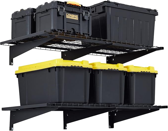 Garage Wall Shelving, 2-Pack 2 x 4ft Garage Storage Rack,Loads 700 lbs 24-inch-by-48-inch Heavy Duty Wall Shelves,24” x 48” Garage Wall Shelf,Black