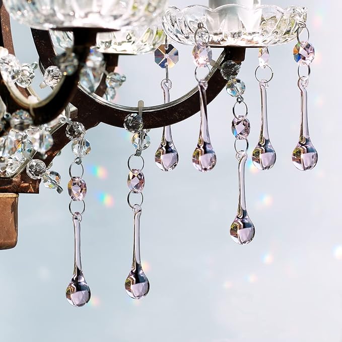 12pcs Raindrop Crystal Chandelier Prisms Parts, 53mm Hanging Crystals Beads for Chandeliers, Home Decoration (Pink)