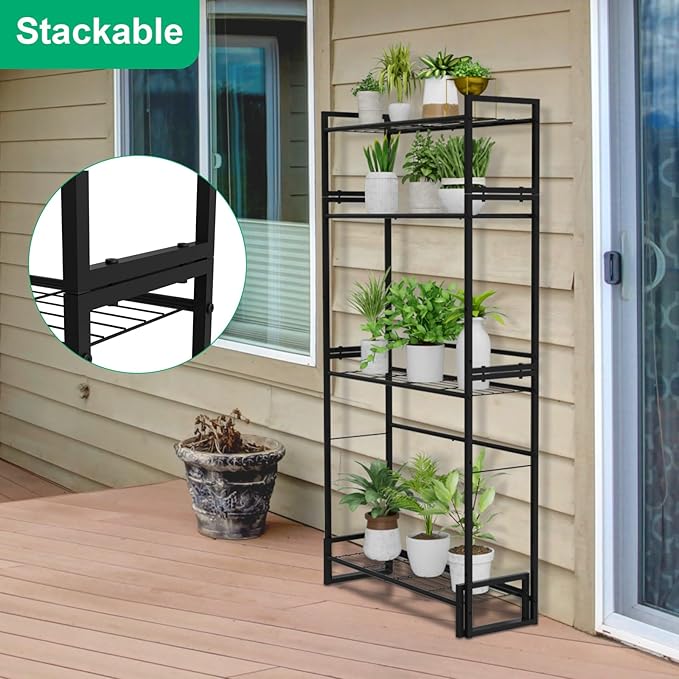 Plant Stand, 4 Tier Stackable Tiered Plant Stand, Scalable Heavy Duty Tall Plant Shelf for Indoor Outdoor, Garden, Display Shelves, Flower Pot Holder, Black