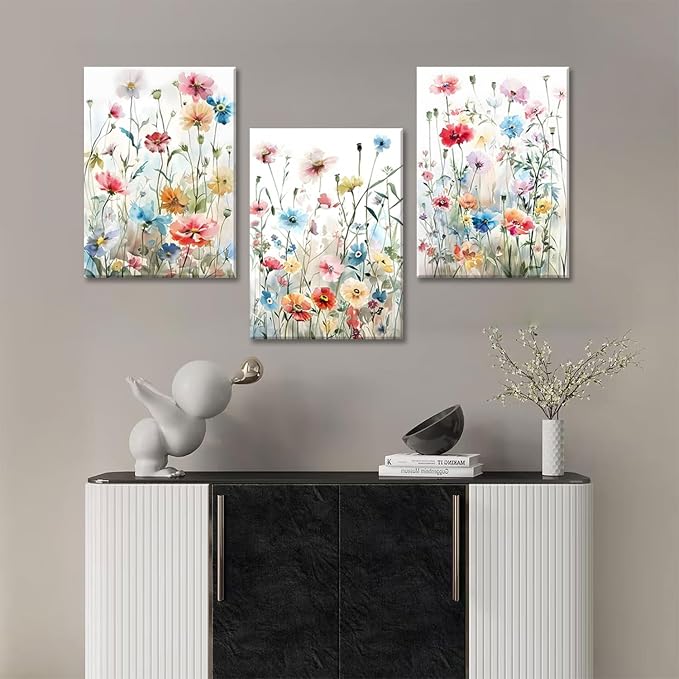 KISSFOX Framed Colorful Wildflower Canvas Wall Art Set Of 3 Flowers Pictures - Image 5