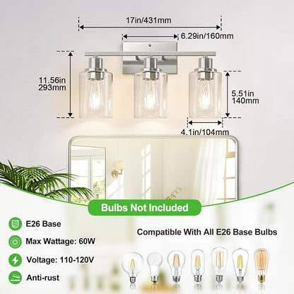 Indoi 3-Light Bathroom Light Fixtures, Brushed Nickel Vanity Lights - Image 8