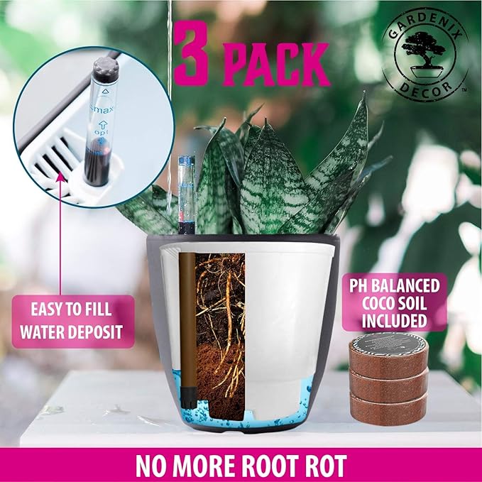 GARDENIX DECOR 7'' Self Watering planters for Indoor Plants - with Water Level Indicator for Flower Pot , Grow Tracking Tool - Coco Coir - Gray 3 Pack