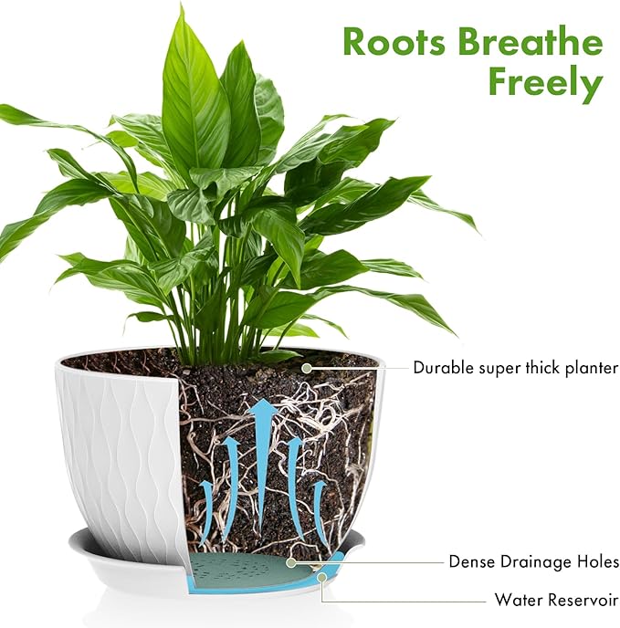 Plant Pots 12/10/9 Inch Pots, Set of 3 Plastic Planters with Drainage Holes and Saucers,Plastic Flower Pots,Nursery Planting Pot for Indoor Out Door Plants（White）