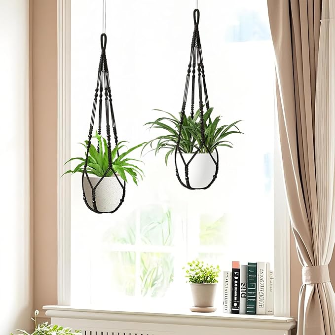 Macrame Plant Hanger Indoor Set of 2 with 4 Hooks, Indoor Outdoor Hanging Planter for Plants Holder with Decorative Wood Beads & No Tassels, Boho Home Decor, 35 Inch Black (Pots Not Included)