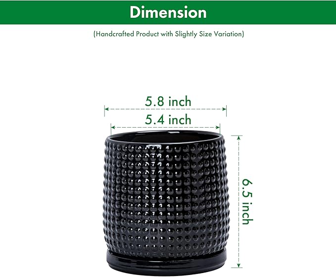 D'vine Dev 6 Inch Ceramic Beaded Stoneware Planter Pot - Flower Pot with Drainage Holes and Saucers for Indoor Succulent Plants or Flowers, Glossy Black, 27-C-X-2