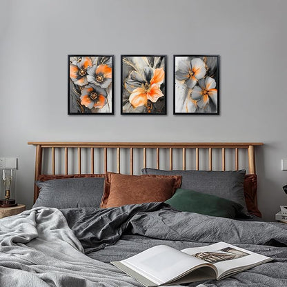 iKNOW FOTO 3 Piece Orange and Grey Abstract Flower Canvas Wall Art - Image 5